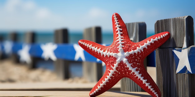 Rode witte en blauwe zeester zitten bij het strandhek