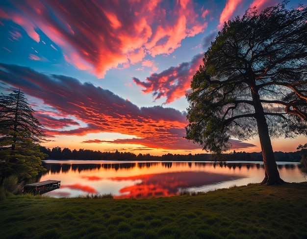 Rode wolken zonsondergang magisch natuurlandschap bos boom meer water behang achtergrondfotografie