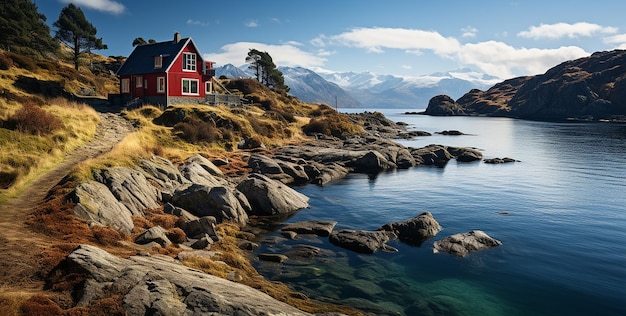 rode woning zit aan het water rode hut zit op de top van een berg en kijkt uit over het water