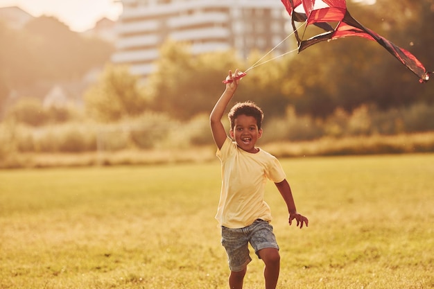 Rode wouw Afro-Amerikaanse jongen veel plezier in het veld op zomerdag