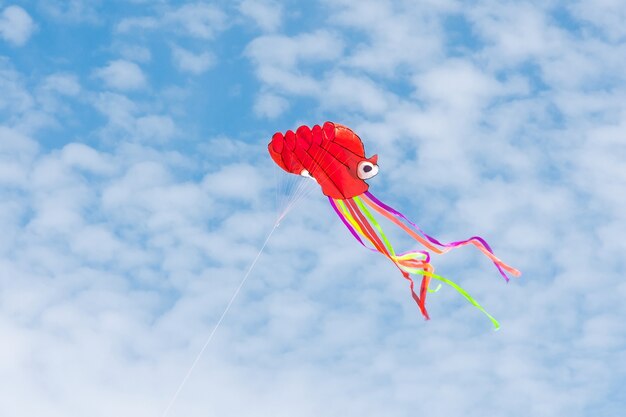 Foto rode wouw met lange linten in de lucht en de wolken.