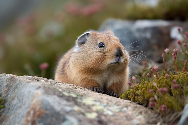 A rodent sits on a rock in the mountains.
