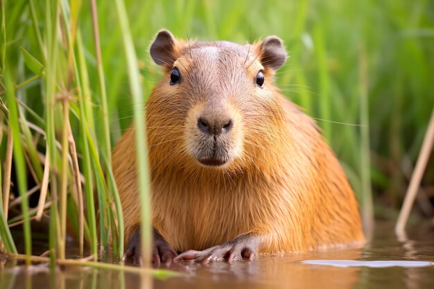 Photo a rodent sitting in the water near tall grass