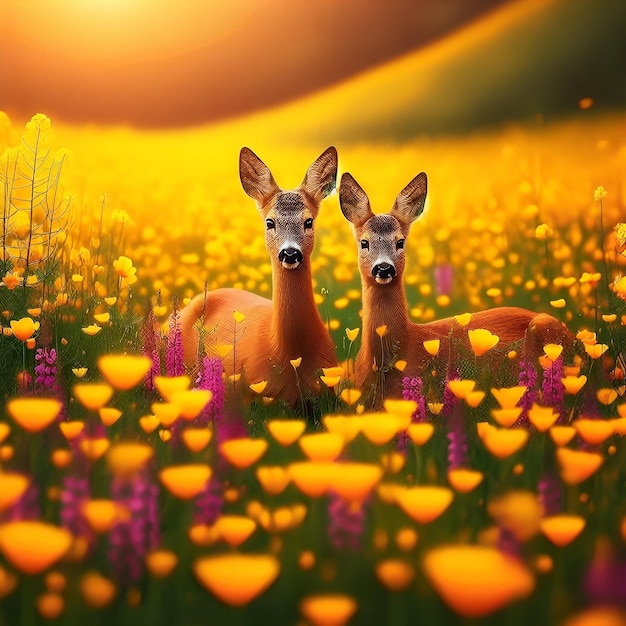 Фото Пара оленей среди луга желтых диких цветов