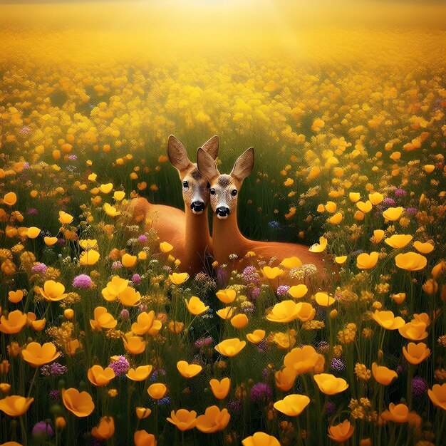 Фото Пара оленей среди луга желтых диких цветов