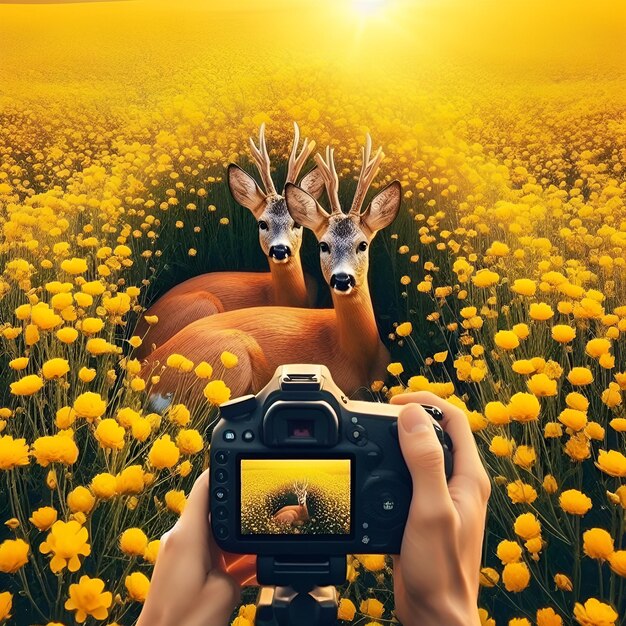 Roe deer couple amidst a meadow of yellow wildflowers