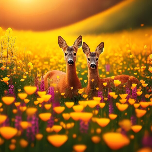 Roe Deer Couple Amidst a Meadow of Yellow Wildflowers