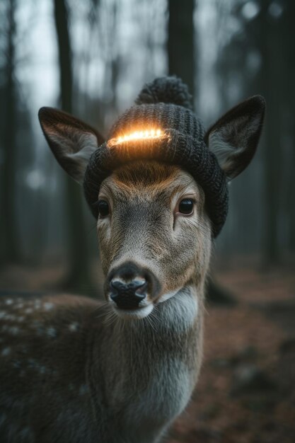 A roe deer with a lantern on its head stands in a dark forest