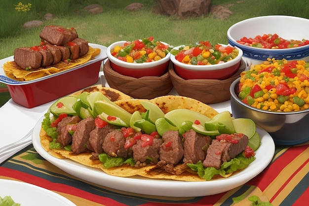 Roekeloos gemaakte Mexicaanse rundvlees burrito op rustiek houten bord taco Mexicaanse taco's met rundvlees maïs en salsa Mexicaanse keuken