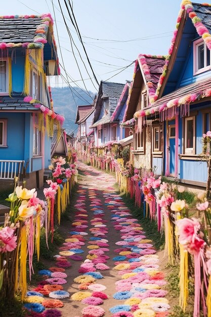 Roemeens dorp met huizen versierd met Mrior-lintjes