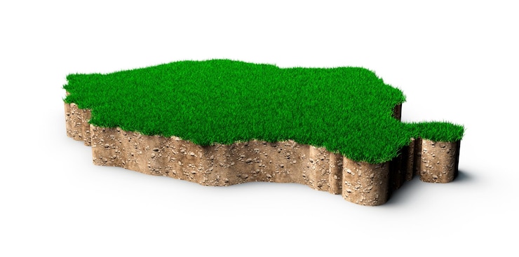 Foto roemenië kaart bodem land geologie dwarsdoorsnede met groen gras en rotsgrond textuur 3d illustratie