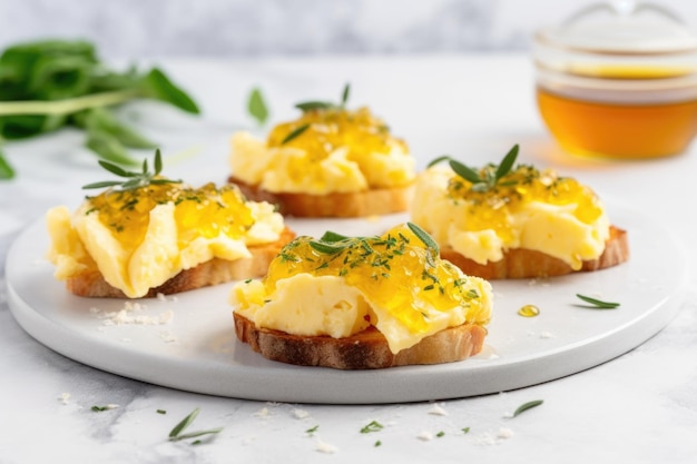 Roerei op bruschettas met een takje verse tijm op wit marmer