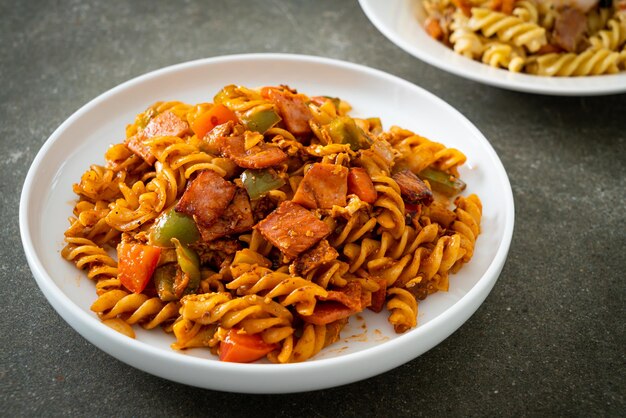 Roergebakken fusilli pasta met ham en tomatensaus