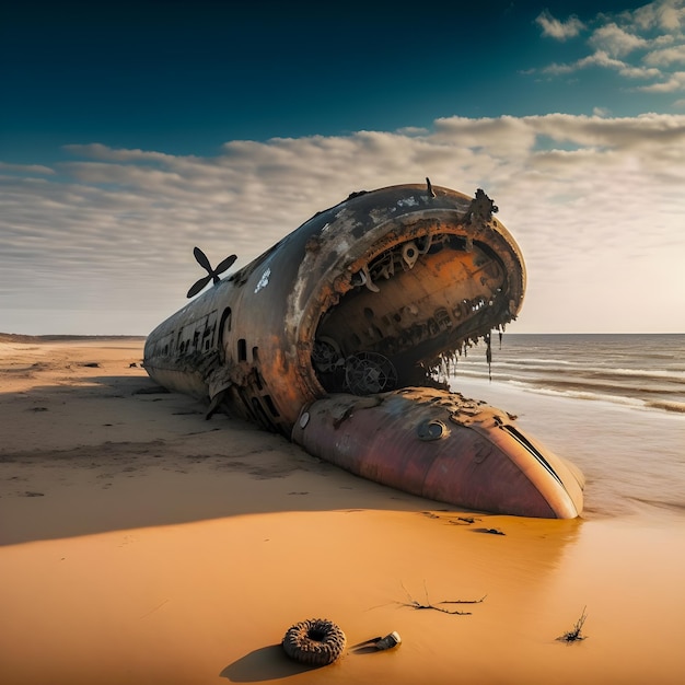 Roestende nucleaire onderzeeër die op zijn kant op een strand ligt