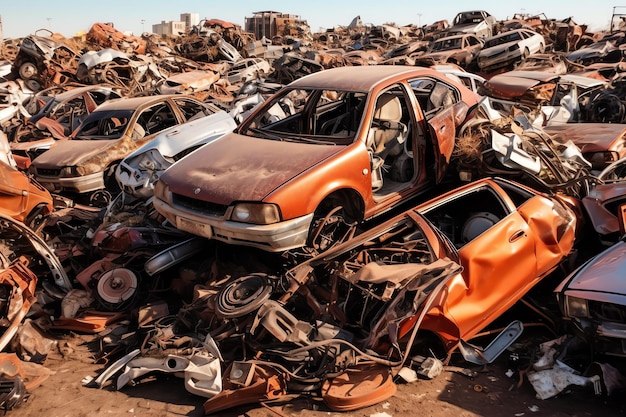 Roestende oude rommelauto's met milieuvervuiling op het autokerkhof voor recycling Verlaten autoafval