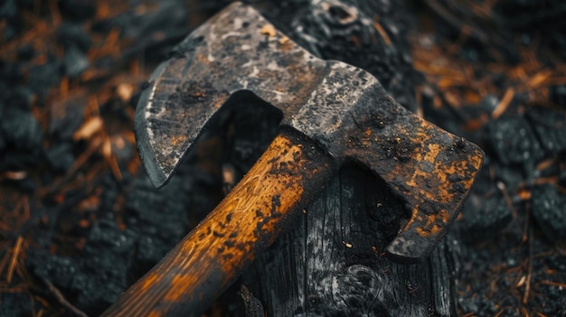 Roestige bijl op verbrand hout en as