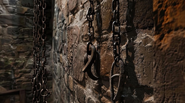 Roestige ijzeren boeien hangen aan de muren van een middeleeuwse gevangenis martelkamer Donkere plek spoken paranormale gotische middeleeuwen ruïnes vocht mystiek angst Generatief door AI