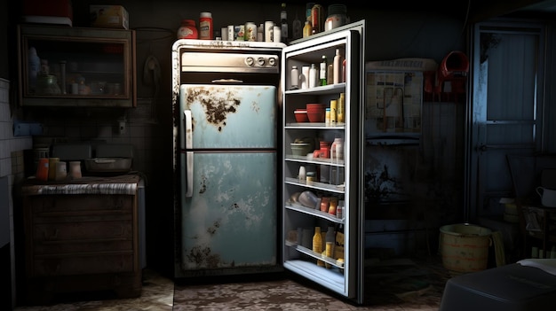 Roestige Koelkast In Een Oude Vuile Keuken Concept Art Geïnspireerd