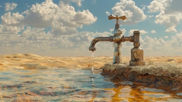 Foto roestige kraan met water in een woestijn die schaarste symboliseert