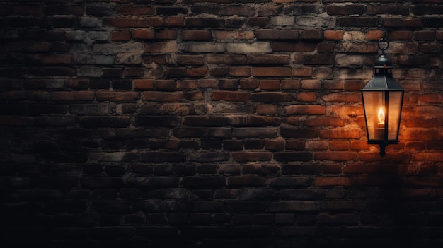 Foto roestige lantaarn verlicht oude bakstenen muur in donkere architectuur