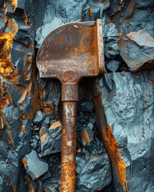 Foto roestige metalen schop tegen een gezaagde blauwe rots achtergrond industriële verval ontmoet natuur kunstzinnig