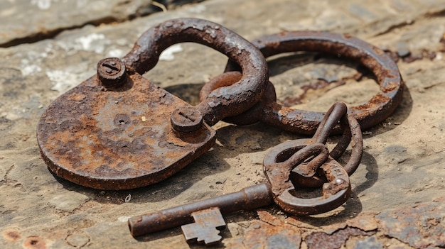 Foto roestige oude boeien met hangslot sleutel en open handboeien gebruikt voor het opsluiten van gevangenen of slaven
