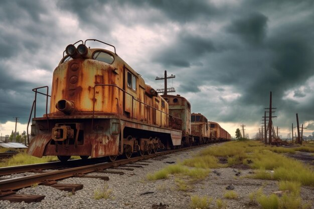 Roestige verlaten locomotieven onder een stormachtige lucht gecreëerd met generatieve AI