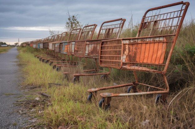 Foto roestige verlaten winkelwagentjes op een rij gemaakt met generatieve ai