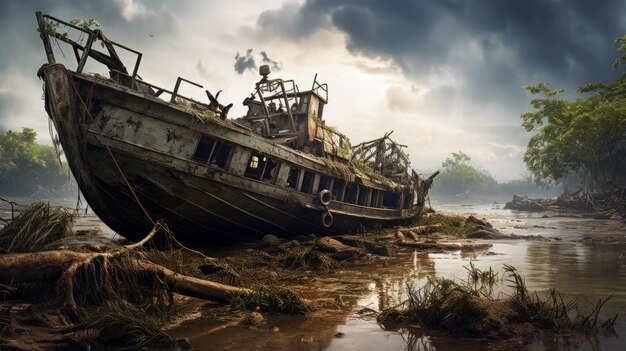 Roestige vrachtschip verwoest in regenachtig weer Apocalyptische landschapsfotografie