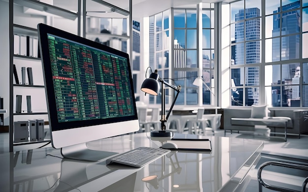 rofessional trader investor set on desk and look at big trading charts screens