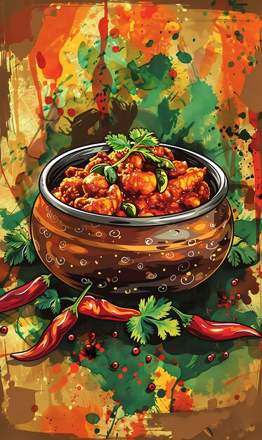 Foto rogan josh dish poster met kashmiri chili's en specerijen dee illustratie voedsel drink indiase smaken