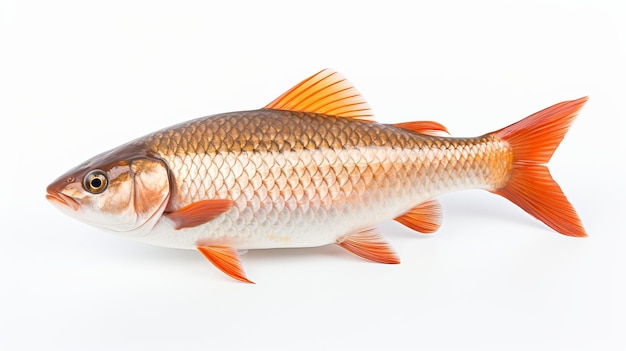 Rohu vis met een rode staartvin zwemmen in witte achtergrond generatieve ai