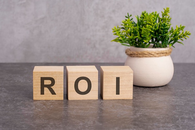 ROI-concept het ROI-woord is geschreven op houten kubussen op een grijze achtergrond close-up van houten elementen Op de achtergrond staat een groene bloem ROI, een afkorting voor RETURN ON INVESTMENT