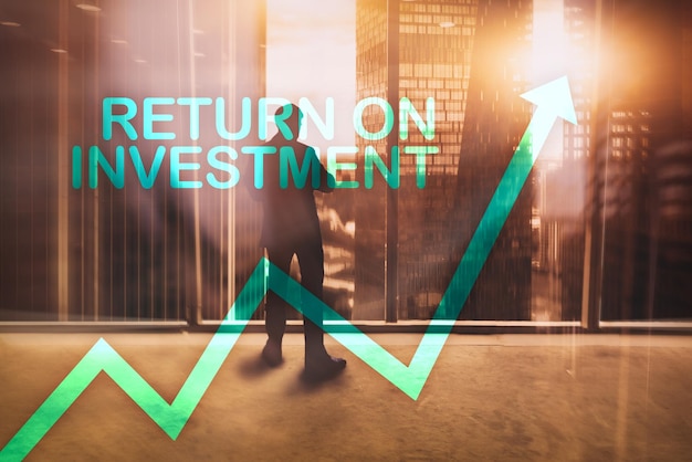 ROI Return on investment Stock trading and financial growth concept on blurred business center background