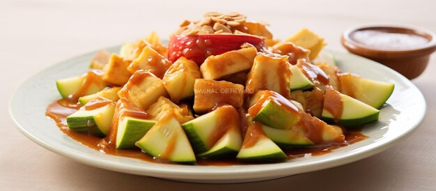 Photo rojaksalad of mixed vegetables and fruits drizzled with sauce comprising