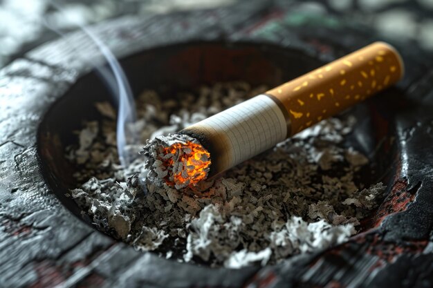 Roken van een sigaret in een asbak met vurige gloed