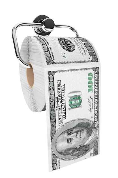 Rol van 100 dollarbiljetten als toiletpapier op chromen houder op een witte achtergrond