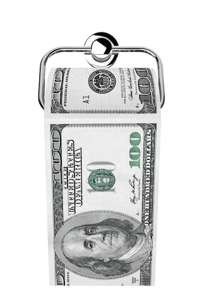 Rol van 100 dollarbiljetten als toiletpapier op chromen houder op een witte achtergrond