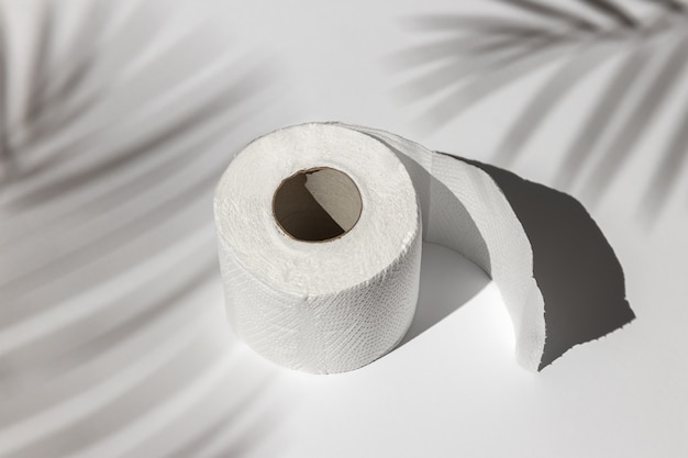 rol van een wit toiletpapier geïsoleerd op een grijze achtergrond onder een palmboomschaduw