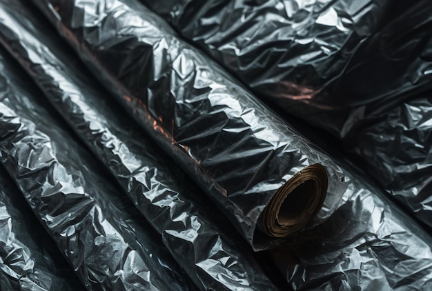 Photo a roll of black plastic wrap with a red flame on it.