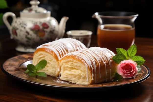 Roll cake cut into thin slices in an afternoon tea in Pernambuco with flowers on the table