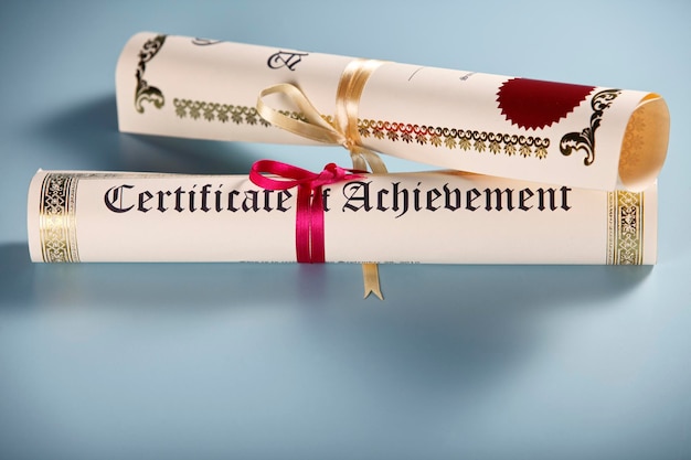 Roll of certificate against a gray background