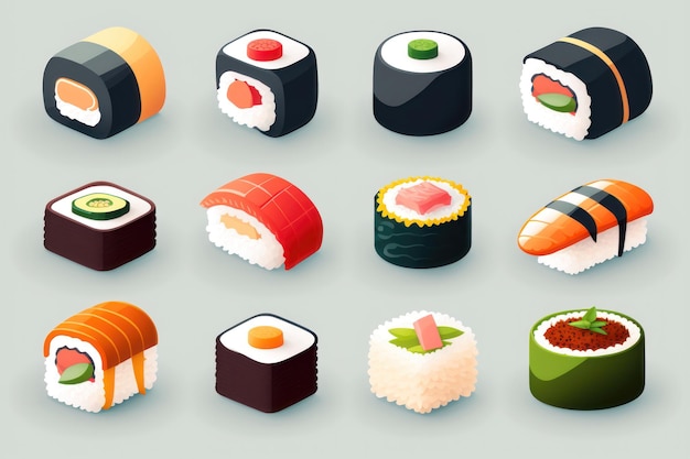 Roll funny set illustration Asian food AI Generation