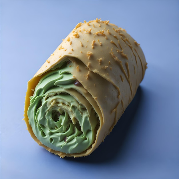 A roll of green frosting sits on a blue background.