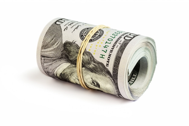 Roll of  hundred dollar bills isolated