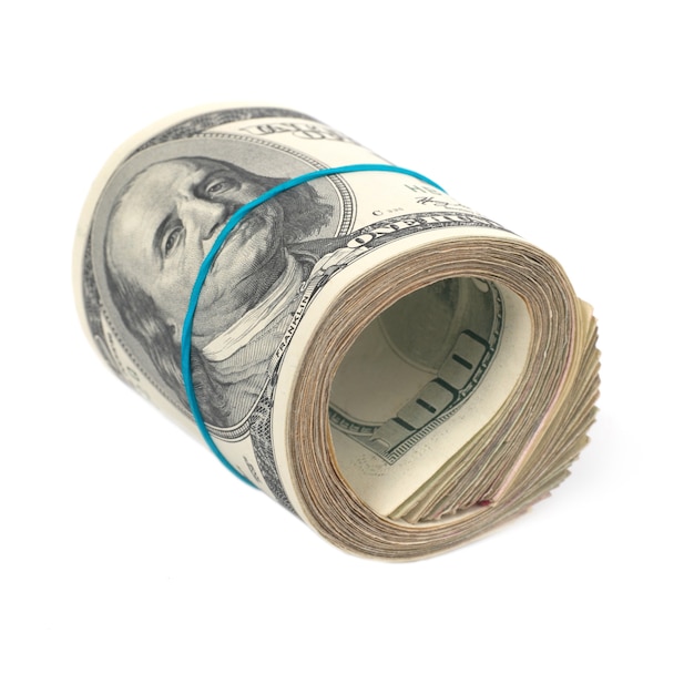 Roll of money- cash of US dollars isolated on white wall