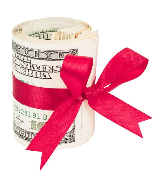 Roll of money with a red bow