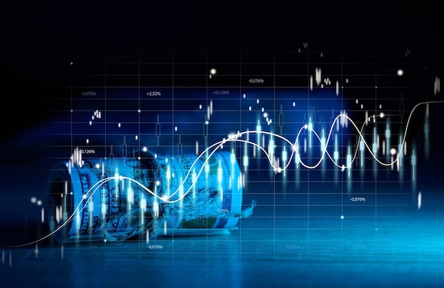 Roll of one hundred dollar bills tied with a rope and a graph with rising rates Income growth concept