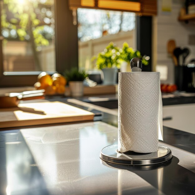 A roll of paper tissues or towels on a stand placed on the kitchen counter in a modern kitchen