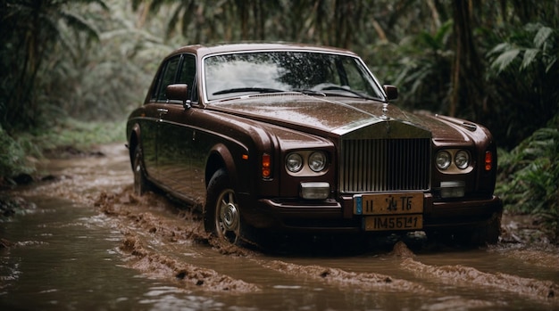 roll royce deep in the mud and water in a tropical rain forest